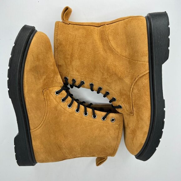 Womens Brown Lace Up Faux Suede Ankle Flats Round Toe Size 10 Combat Boots - Picture 7 of 9